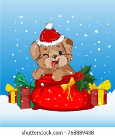 Symbol of 2018 year, Puppy in the Santa Claus Bag Illustration, New Year's card in the year of the dog 2018. Postcard 