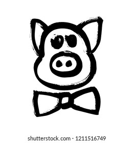 Symbol of 2019 Chinese Year of the Pig. Calendar poster ink brush drawn snout. Hand written black pet head on white background. Happy New Year card or banner design. 