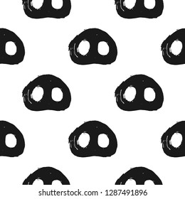 Symbol of 2019 Chinese Year of the Pig. Seamless pattern ink brush drawn snout. Hand written black pig nose on white background. Cute calligraphy design element. Vector silhouette textile print