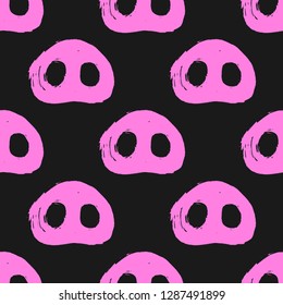 Symbol of 2019 Chinese Year of the Pig. Seamless pattern ink brush drawn snout. Hand written pink pig nose on black background. Cute calligraphy design element. Vector silhouette textile print