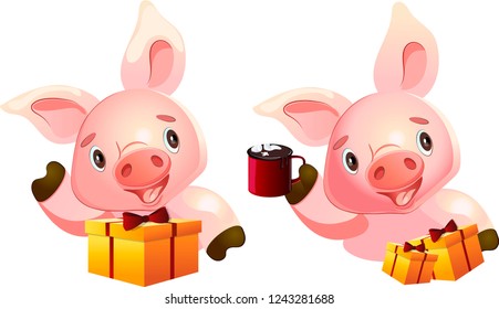 Symbol of 2019, cute pigs with a kind smile, a cup of cocoa and gifts, vector image of pigs