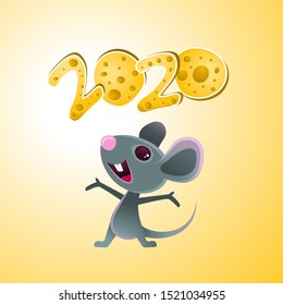 Symbol of 2020, a cheerful gray mouse juggles cheese. Mouse and cheese. Year of the rat and mouse.Template card for Happy new year party. Lunar horoscope sign. Vector illustration.