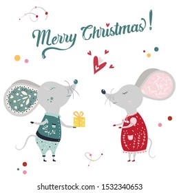 Symbol of 2020 new year. Two little mice or rats. Cute mouse gives a cheesy gift to mouse girl. Merry Christmas greeting card. Vector cartoon illustration. 