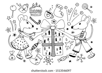 Symbol 2020 rats, mouse unpack gifts and enjoy the holiday. Big set of festive elements. Hand drawn vector illustration in scandinavian style. Cristmas and New Year elements for design.