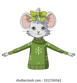 The symbol of 2020. The year of the mouse theme. Cute cartoon mouse wearing a green sweater. Isolated objects on white background. Decor elements for gift card and kids products. Vector illustration. 
