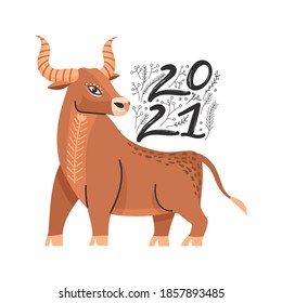 The symbol of 2021 is the Bull. Ox with stylish lettering and abstract element. Happy New Year greeting card. Chinese zodiac symbol. Vector illustration for poster, card, packaging etc.