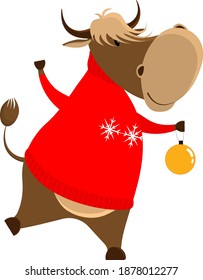 The symbol of 2021, the Bull in a red sweater, holds a Christmas tree glass ball. new year christmas bull.