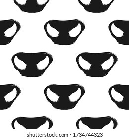 Symbol of 2021 Chinese New Year of Ox. Seamless pattern ink brush drawn animal snout textile print. Hand drawn black bull nose on white background. Cute design element. Vector silhouette