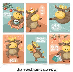 The symbol of 2021, a cute bull. Merry christmas and a happy new year. Collection of vector greeting cards in cartoon hand drawn style.