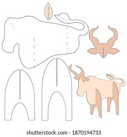 Symbol of 2021 on the Chinese calendar Cutting drawing. Bull animal vector pattern, pattern, volumetric image, New Year and Christmas character, folding carved wooden toy.