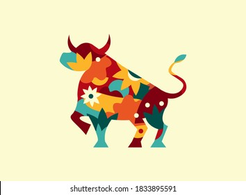 Symbol of 2021 year. Colorful ox, bull. Background for greeting cards, flyers, posters