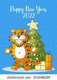 Symbol of 2022. Blue New Year card in hand draw style. Christmas tree, gifts, tiger. New year 2022. Cartoon illustration