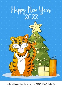 Symbol of 2022. Blue New Year card in hand draw style. Christmas tree, gifts, tiger. New year 2022. Cartoon illustration