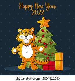 Symbol of 2022. Blue square New Year card in hand draw style. Christmas tree, gifts, tiger. Year of the tiger 2022