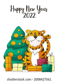 Symbol of 2022. Christmas tree, gifts, tiger. New year 2022. New Year