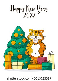 Symbol of 2022. Christmas tree, gifts, tiger. New year 2022. New Year card in hand draw style. Cartoon illustration
