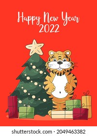 Symbol of 2022. Christmas tree, gifts, tiger. New year 2022. New Year card in hand draw style. Cartoon