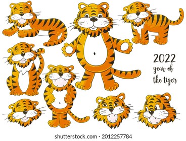 Symbol of 2022. Faces of tigers. Set of tigers in hand draw style. New Year 2022. Collection vector illustrations