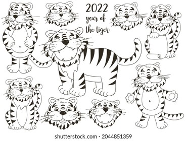 Symbol of 2022. Faces of tigers. Set of tigers in hand draw style. New Year 2022. Collection of cute vector illustrations