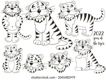 Symbol of 2022. Faces of tigers. Set of tigers in hand draw style. New Year 2022. Collection
