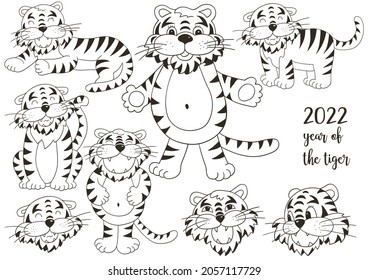 Symbol von 2022. Gesichter der Tiger. Set Tiger in Hand zeichnen Stil. Neujahr 2022. Vektorgrafiken der Sammlung