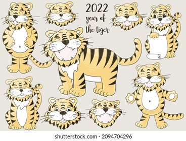 Símbolo de 2022. Rostros de tigres. Juego de tigres con estilo de dibujar a mano. Año Nuevo 2022. Colección de ilustraciones vectoriales lindas