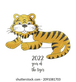 Symbol of 2022. Illustration with tiger in hand draw style. New Year 2022 Tiger lying. Cartoon animal for calendars