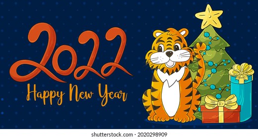 Symbol of 2022. Lettering 2022. Dark vector greeting card with a tiger in hand draw style. New Year. Cartoon illustration