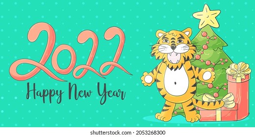 Symbol of 2022. Lettering 2022. Dark vector greeting card with a tiger in hand draw style. Cartoon illustration for cards, calendars, posters, flyers