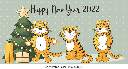 Symbol of 2022. Long New Year card in hand-draw style. Christmas tree, gifts. Three tigers. Cartoon illustration
