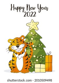 Symbol of 2022. New Year card in hand draw style. Christmas tree, gifts, tiger. New year 2022