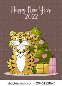 Symbol of 2022. New Year card in hand draw style. Christmas tree, gifts, tiger