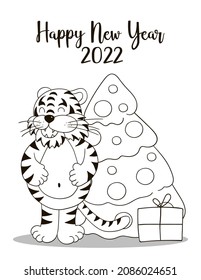 Symbol of 2022. New Year card in hand draw style. Christmas tree, gifts, tiger. New year 2022