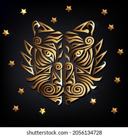Symbol of 2022 New Year. Golden tiger head with stars isolated on black background. Vector illustration.