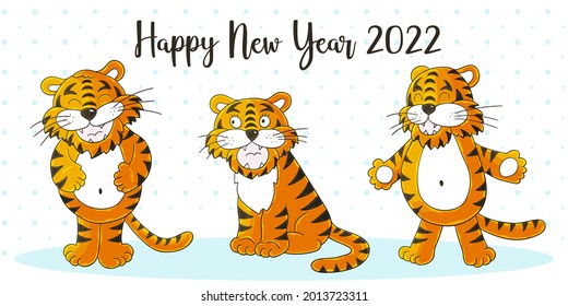 Symbol of 2022. New Year vector greeting card in hand draw style. New Year. Three tigers. Cartoon illustration for postcards, calendars, posters, flyers