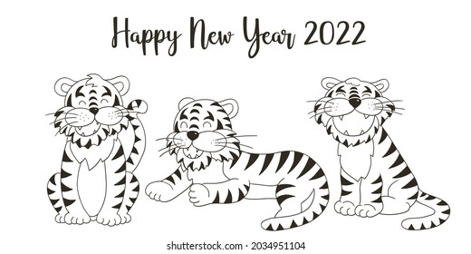 Símbolo de 2022. Tarjeta de saludo vectorial de Año Nuevo con estilo de sorteo manual. Año Nuevo. Tres tigres. Ilustración de dibujos animados
