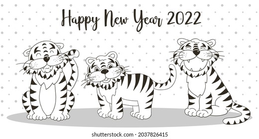 Symbol of 2022. New Year vector greeting card in hand draw style. New Year. Three tigers