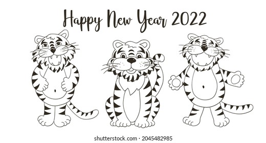 Símbolo de 2022. Tarjeta de saludo vectorial de Año Nuevo con estilo de sorteo manual. Año Nuevo. Tres tigres. Ilustración de dibujos animados