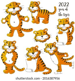 Symbol of 2022. Set of tigers in hand draw style. Faces of tigers. New Year 2022