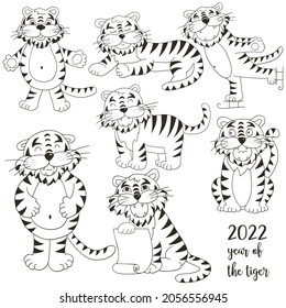 Symbol of 2022. Set of tigers in hand draw style. Faces of tigers. New Year 2022