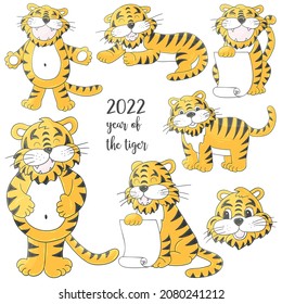 Symbol of 2022. Set of tigers in hand draw style. Faces of tigers. New Year 2022