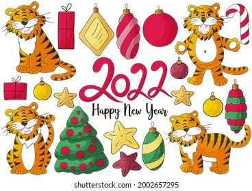 Symbol of 2022. Set of tigers and new year elements in hand draw style. Collection