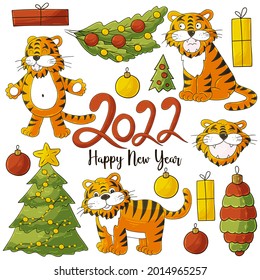 Symbol of 2022. Set of tigers and new year elements in hand draw style. Collection illustrations