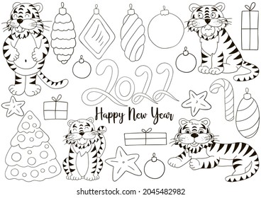 Symbol of 2022. Set of tigers and new year elements in hand draw style. Collection