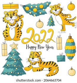 Symbol of 2022. Set of tigers and new year elements in hand draw style. Collection of cute vector illustration