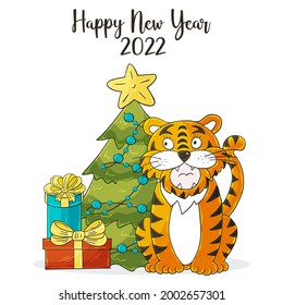 Symbol of 2022. Square New Year card in hand draw style. Christmas tree, gifts, tiger. Year of the tiger 2022. Cartoon illustration for cards, calendars