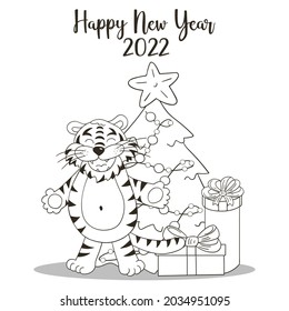 Symbol of 2022. Square New Year card in hand draw style. Christmas tree, gifts, tiger. Year of the tiger 2022