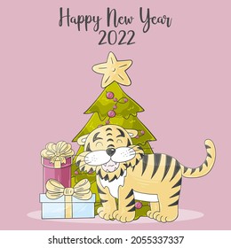 Symbol of 2022. Square New Year card in hand draw style. Christmas tree, gifts, tiger. Year of the tiger 2022