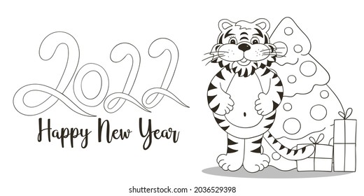 Símbolo de 2022. Tarjeta vectorial con tigre en estilo de dibujar a mano. Año Nuevo. Grabación 2022