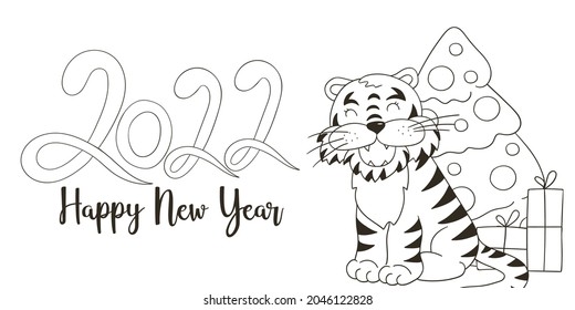Symbol of 2022. Vector card with a tiger in hand draw style. New Year. Lettering 2022. Cartoon illustration